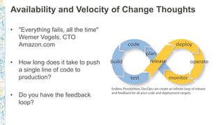 Availability and Velocity of Change Thoughts
• "Everything fails, all the time"
Werner Vogels, CTO
Amazon.com
• How long does it take to push
a single line of code to
production?
• Do you have the feedback
loop?
 