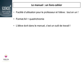 • Facilité d’utilisation pour le professeur et l’élève : tout en un !
• Format A4 + quadrichromie
• L’élève écrit dans le manuel, c’est un outil de travail !
Le manuel : un livre-cahier
 