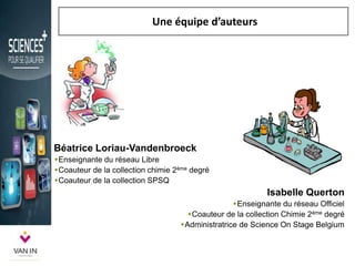 Une équipe d’auteurs
Béatrice Loriau-Vandenbroeck
Enseignante du réseau Libre
Coauteur de la collection chimie 2ème degré
Coauteur de la collection SPSQ
Isabelle Querton
Enseignante du réseau Officiel
Coauteur de la collection Chimie 2ème degré
Administratrice de Science On Stage Belgium
 