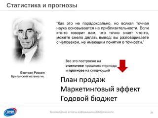 Образец заголовка
Экономические аспекты информационной безопасности
Статистика и прогнозы
20
“Как это не парадоксально, но всякая точная
наука основывается на приблизительности. Если
кто-то говорит вам, что точно знает что-то,
можете смело делать вывод: вы разговариваете
с человеком, не имеющим понятия о точности.”
План продаж
Маркетинговый эффект
Годовой бюджет
Все это построено на
статистике прошлого периода
и прогнозе на следующий
Бертран Рассел
Британский математик.
 