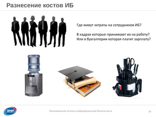 Образец заголовка
Экономические аспекты информационной безопасности
Разнесение костов ИБ
24
Где живут затраты на сотрудников ИБ?
В кадрах которые принимают их на работу?
Или в бухгалтерии которая платит зарплату?
 