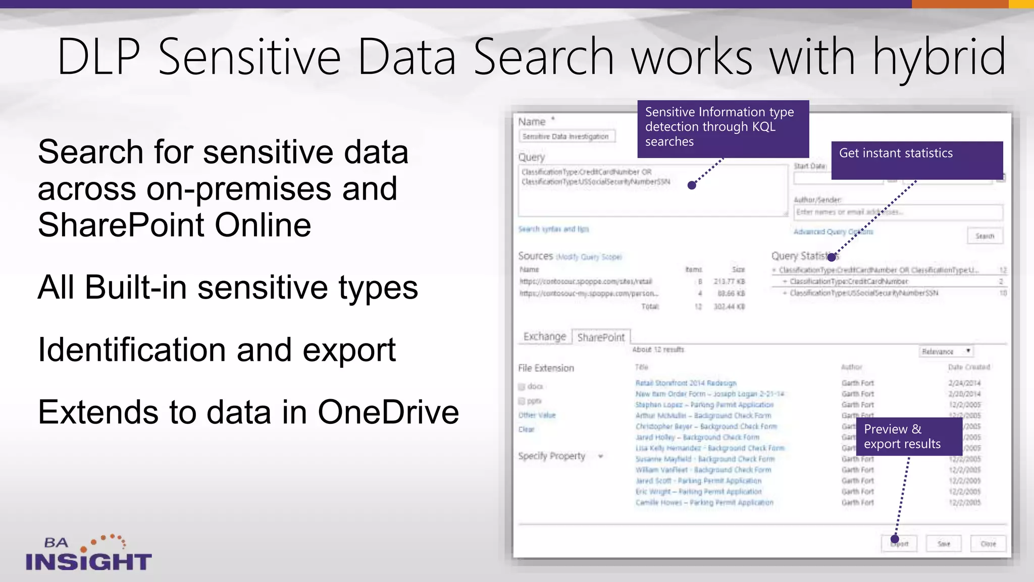 DLP Sensitive Data Search works with hybrid
Search for sensitive data
across on-premises and
SharePoint Online
All Built-in sensitive types
Identification and export
Extends to data in OneDrive
Sensitive Information type
detection through KQL
searches
Get instant statistics
Preview &
export results
 