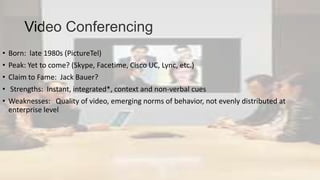Video Conferencing
•
•
•
•
•

Born: late 1980s (PictureTel)
Peak: Yet to come? (Skype, Facetime, Cisco UC, Lync, etc.)
Claim to Fame: Jack Bauer?
Strengths: Instant, integrated*, context and non-verbal cues
Weaknesses: Quality of video, emerging norms of behavior, not evenly distributed at
enterprise level

 