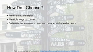 How Do I Choose?
• Preferences and styles
• Multiple ways to connect
• Delineate between core team and broader stakeholder needs

Flickr photo courtesy of earthworm: http://www.flickr.com/photos/earthworm/4565061206

 