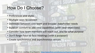 How Do I Choose?
• Preferences and styles
• Multiple ways to connect
• Delineate between core team and broader stakeholder needs
• Build on comfort to add new capabilities (with clear objectives)
• Consider how team members will reach out, and for what purpose
• Don’t forget face-to-face meetings (with a purpose!)
• Create synchronous and asynchronous venues

Flickr photo courtesy of earthworm: http://www.flickr.com/photos/earthworm/4565061206

 