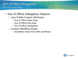Out of Office Delegation
Alternative Approach


 • Out of Office Delegation Feature
      – User Profile Custom Attributes
          • Out of Office Start Date
          • Out of Office End Date
          • Out of Office Delegation
      – Custom Workflow Action
          • Simplifies check from SPD workflows
 
