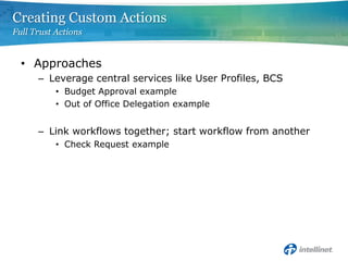 Creating Custom Actions
Full Trust Actions


  • Approaches
      – Leverage central services like User Profiles, BCS
           • Budget Approval example
           • Out of Office Delegation example


      – Link workflows together; start workflow from another
           • Check Request example
 