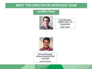 MEET THE SPECTATOR SERVICES TEAM
Venue Manager,
Wilson-Harding Golf
Courses
Jeremy Riche
Griffith Park
Hub Manager,
Griffith Park, LA
Equestrian
Nick Opitz
 