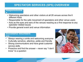 HONORED GUESTSSPECTATOR SERVICES (SPS) OVERVIEW
Responsibilitie
s
• Welcoming spectators and other visitors at all 28 venues across the 6
different Hubs
• Responsible for the safe movement of spectators and other venue users
• Acts as the eyes and ears of the venues reacting as a first response to any
spectator related issues
• Provide general event and venue information
Successful Volunteers
are…
• Always wearing a smile and welcoming everyone
• Culturally sensitive, attentive, polite and friendly
• Strong communicators and have great customer
service skills
• Proactive and find the answer – never say “I don’t
know” to a question
 