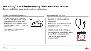 —
ABB Ability™ Condition Monitoring for measurement devices
April 3, 2024 Slide 5
Enables predictive maintenance Optimizes costs and labor
• The actual condition of the analyzer
determines its service schedule (not
the calendar)
• ABB performs troubleshooting remotely,
but only after receiving the customer’s
express consent
• If an ABB service visit is required,
most diagnostics are already available,
reducing necessary resources and helping
ensure effective root cause analysis
• Cyber secure: industry-proven
secure connection
• Prompts remote expert analysis of
health checks by ABB experts: Identify
potential issues before device failure
• Performs regularly scheduled remote
health checks of analyzers — no on-site
labor required
• Helps assure 24/7/365 emissions
measuring compliance
Making the shift from preventive to predictive maintenance
 