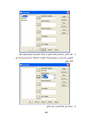 ‫5. ﻨﻨﻘل ﺍﻟﻤﺘﻐﻴﺭ )‪ (Arabic‬ﻟﺨﺎﻨﺔ ﺍﻟﻤﺘﻐﻴﺭﺍﺕ ﺍﻟﺘﺎﺒﻌﺔ ‪ Dependent Variable‬ﻭﻨﻨﻘل‬
‫ﺍﻟﻤﺘﻐﻴﺭﻴﻥ )‪ (Level‬ﻭ )‪ (Gender‬ﻟﺨﺎﻨﺔ ﺍﻟﻤﺘﻐﻴﺭﺍﺕ ﺍﻟﻤﺴﺘﻘﻠﺔ ‪ Fixed Factors‬ﻜﻤﺎ ﻓﻲ‬
                                                               ‫ﺍﻟﺸﻜل ﺍﻟﺘﺎﻟﻲ‬




                                       ‫6. ﻨﻀﻐﻁ ﻋﻠﻰ ‪ Ok‬ﻟﻠﺤﺼﻭل ﻋﻠﻰ ﺍﻟﻨﺘﺎﺌﺞ.‬

                                     ‫001‬
 
