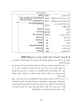 ‫ﻨﻭﺍﺘﺞ ﻋﻴﻨﺔ ﺍﻻﻨﺎﺙ‬
                                             ‫16.85 ‪Mean‬‬                                 ‫ﺍﻟﻭﺴﻁ ﺍﻟﺤﺴﺎﺒﻲ‬
              ‫‪95% Confidence Lower Bound‬‬                 ‫44.05‬      ‫ﺍﻟﺤﺩ ﺍﻻﺩﻨﻰ ﻟﻔﺘﺭﺓ ﺜﻘﺔ ﺍﻟﻭﺴﻁ 59%‬
             ‫‪Interval for Mean‬‬
                               ‫‪Upper Bound‬‬               ‫77.66‬      ‫ﺍﻟﺤﺩ ﺍﻷﻋﻠﻰ ﻟﻔﺘﺭﺓ ﺜﻘﺔ ﺍﻟﻭﺴﻁ 59%‬
      ‫ﺍﻨﺜﻰ‬
                             ‫‪5% Trimmed Mean‬‬                            ‫ﻤﺘﻭﺴﻁ ﺍﻟﺒﻴﺎﻨﺎﺕ ﺍﻟﻤﺤﺼﻭﺭﺓ ﺒﻴﻥ‬
                                                         ‫43.95‬
                                                                                        ‫ﺍﻟﻤﺌﻴﻥ 59 ﻭ5‬
                                            ‫‪Median‬‬       ‫00.75‬                                   ‫ﺍﻟﻭﺴﻴﻁ‬
                                         ‫647.925 ‪Variance‬‬                                        ‫ﺍﻟﺘﺒﺎﻴﻥ‬
                                    ‫610.32 ‪Std. Deviation‬‬                           ‫ﺍﻻﻨﺤﺭﺍﻑ ﺍﻟﻤﻌﻴﺎﺭﻱ‬
                                          ‫‪Minimum‬‬           ‫5‬                              ‫ﺃﺼﻐﺭ ﻗﻴﻤﺔ‬
                                         ‫‪Maximum‬‬           ‫59‬                                ‫ﺃﻜﺒﺭ ﻗﻴﻤﺔ‬
                                             ‫‪Range‬‬         ‫09‬                                     ‫ﺍﻟﻤﺩﻯ‬
                             ‫‪Interquartile Range‬‬           ‫53‬                            ‫ﺍﻟﻤﺩﻯ ﺍﻟﺭﺒﻌﻲ‬
                                        ‫‪Skewness‬‬         ‫283.-‬                          ‫ﻤﻌﺎﻤل ﺍﻻﻟﺘﻭﺍﺀ‬
                                           ‫‪Kurtosis‬‬      ‫446.-‬                          ‫ﻤﻌﺎﻤل ﺍﻟﺘﻔﺭﻁﺢ‬


              ‫6: ﺍﻟﻔﺭﻀﻴﺎﺕ ﺍﻻﺤﺼﺎﺌﻴﺔ ﻭﺁﻟﻴﺎﺕ ﺍﻟﺘﻌﺎﻤل ﻤﻌﻬﺎ ﻓﻲ ﺒﺭﻨﺎﻤﺞ 0.21 ‪.SPSS‬‬
‫ﺴﻨﺘﻌﺭﻑ ﻓﻲ ﻫﺫﺍ ﺍﻟﺩﻟﻴل ﻋﻠﻰ ﺃﻫﻡ ﺍﻟﻤﻔﺎﻫﻴﻡ ﺍﻻﺤﺼﺎﺌﻴﺔ ﺍﻟﺘﻲ ﺴﻨﺤﺘﺎﺠﻬﺎ ﺨﻼل ﺘﻁﺒﻴﻘﻨﺎ ﻟﻼﺨﺘﺒﺎﺭﺍﺕ ﺍﻻﺤﺼﺎﺌﻴﺔ ﻓﻲ‬
                                                                                    ‫ﺒﺭﻨﺎﻤﺞ 0.21 ‪.SPSS‬‬
‫1. ﻤﺴﺘﻭﻯ ﺩﻻﻟﺔ ﺍﻟﻔﺭﻀﻴﺔ ﺍﻟﺼﻔﺭﻴﺔ: ﻭﻫﻲ ﺍﺤﺘﻤﺎل ﺭﻓﺽ ﺍﻟﻔﺭﻀﻴﺔ ﺍﻟﺼﻔﺭﻴﺔ ﺒﺸﺭﻁ ﺃﻨﻬﺎ ﺼﺤﻴﺤﺔ ﺃﻱ ﻫﻲ‬
‫ﻨﺴﺒﺔ ﺍﻟﺨﻁﺄ ﺍﻟﻤﺴﻤﻭﺡ ﺒﻬﺎ ﻓﻲ ﺍﺘﺨﺎﺫ ﺍﻟﻘﺭﺍﺭ ﻓﻲ ﻨﺘﺎﺌﺞ ﺍﻻﺨﺘﺒﺎﺭﺍﺕ ﺍﻻﺤﺼﺎﺌﻴﺔ، ﻭﻋﺎﺩﺓ ﻨﺭﻤﺯ ﻟﻪ‬
‫، ﻭﺒﺫﻟﻙ ﻴﻜﻭﻥ ﻤﻘﺩﺍﺭ ﺍﻟﺜﻘﺔ ﻓﻲ ﺍﻟﻨﺘﺎﺌﺞ ﻫﻭ ‪ 1 − α‬ﺒﻤﻌﻨﻰ ﺁﺨﺭ ﺇﺫﺍ ﻜﺎﻥ ﻤﺴﺘﻭﻯ ﺩﻻﻟﺔ ﺍﻟﻔﺭﻀﻴﺔ‬   ‫‪α‬‬   ‫ﺒﺎﻟﺭﻤﺯ‬
‫ﺍﻟﺼﻔﺭﻴﺔ 50.0 ﻓﺈﻥ ﻤﺴﺘﻭﻯ ﺍﻟﺜﻘﺔ ﻫﻭ 59.0، ﻭﺘﺴﺘﺨﺩﻡ ﻋﺎﺩﺓ ﺍﻟﻘﻴﻡ 1.0 ﺃﻭ 50.0 ﺃﻭ 10.0 ﺃﻭ 520.0‬
                                                                             ‫ﻜﻤﺴﺘﻭﻯ ﻟﻠﺩﻻﻟﺔ.‬
‫2. ﻤﺴﺘﻭﻯ ﺩﻻﻟﺔ ﺍﻻﺨﺘﺒﺎﺭ ﺍﻻﺤﺼﺎﺌﻲ: ﻫﻲ ﻗﻴﻤﺔ ﻴﺤﺴﺒﻬﺎ ﺒﺭﻨﺎﻤﺞ ‪ SPSS‬ﻭﻴﺭﻤﺯ ﻟﻬﺎ ﻋﺎﺩﺓ ﺒﺎﺤﺩ ﺍﻟﺭﻤﻭﺯ ,.‪(Sig‬‬
‫).‪ .Asymp. Sig. 2 tailed Sig‬ﻭﻨﺴﺘﻁﻴﻊ ﻓﻬﻤﻬﺎ ﻋﻠﻰ ﺃﻨﻬﺎ ﺃﺼﻐﺭ ﻗﻴﻤﺔ ﻟﺭﻓﺽ ﺍﻟﻔﺭﻀﻴﺔ ﺍﻟﺼﻔﺭﻴﺔ، ﻓﺈﺫﺍ‬
‫ﻜﺎﻨﺕ ﻗﻴﻤﺔ ﻤﺴﺘﻭﻯ ﺩﻻﻟﺔ ﺍﻻﺨﺘﺒﺎﺭ ﺃﺼﻐﺭ ﻤﻥ ﻤﺴﺘﻭﻯ ﺩﻻﻟﺔ ﺍﻟﻔﺭﻀﻴﺔ ﺍﻟﺼﻔﺭﻴﺔ ﻨﺭﻓﺽ ﺍﻟﻔﺭﻀﻴﺔ ﺍﻟﺼﻔﺭﻴﺔ،‬
‫ﻓﻤﺜﻼ ﺇﺫﺍ ﻜﺎﻥ ﻤﺴﺘﻭﻯ ﺩﻻﻟﺔ ﺍﻻﺨﺘﺒﺎﺭ 530.0=.‪ Sig‬ﻭﻗﻴﻤﺔ ﻤﺴﺘﻭﻯ ﺩﻻﻟﺔ ﺍﻟﻔﺭﻀﻴﺔ ﺍﻟﺼﻔﺭﻴﺔ ﻫﻭ‬
                                                                          ‫ﹰ‬
                                 ‫50.0 = ‪ α‬ﻓﺈﻨﻨﺎ ﻨﺭﻓﺽ ﺍﻟﻔﺭﻀﻴﺔ ﺍﻟﺼﻔﺭﻴﺔ ﻷﻥ 50.0 ‪. 0.035 p‬‬




                                                ‫52‬
 