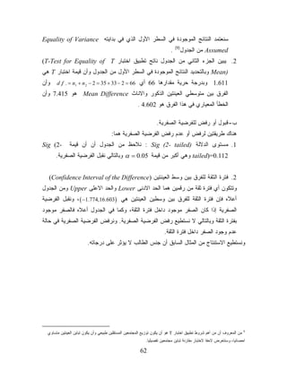 ‫ﺴﻨﻌﺘﻤﺩ ﺍﻟﻨﺘﺎﺌﺞ ﺍﻟﻤﻭﺠﻭﺩﺓ ﻓﻲ ﺍﻟﺴﻁﺭ ﺍﻷﻭل ﺍﻟﺫﻱ ﻓﻲ ﺒﺩﺍﻴﺘﻪ ‪Equality of Variance‬‬
                                                                              ‫)9(‬
                                                                          ‫.‬         ‫‪ Assumed‬ﻤﻥ ﺍﻟﺠﺩﻭل‬
‫2. ﻴﺒﻴﻥ ﺍﻟﺠﺯﺀ ﺍﻟﺜﺎﻨﻲ ﻤﻥ ﺍﻟﺠﺩﻭل ﻨﺎﺘﺞ ﺘﻁﺒﻴﻕ ﺍﺨﺘﺒﺎﺭ ‪(T-Test for Equality of T‬‬
‫)‪ Mean‬ﻭﺒﺎﻟﺘﺤﺩﻴﺩ ﺍﻟﻨﺘﺎﺌﺞ ﺍﻟﻤﻭﺠﻭﺩﺓ ﻓﻲ ﺍﻟﺴﻁﺭ ﺍﻷﻭل ﻤﻥ ﺍﻟﺠﺩﻭل ﻭﺃﻥ ﻗﻴﻤﺔ ﺍﺨﺘﺒﺎﺭ ‪ T‬ﻫﻲ‬
‫ﻭﺃﻥ‬    ‫ﻭﺒﺩﺭﺠﺔ ﺤﺭﻴﺔ ﻤﻘﺩﺍﺭﻫﺎ 66 ﺃﻱ 66 = 2 − 33 + 53 = 2 − 2 ‪d .f . = n1 + n‬‬                          ‫116.1‬
‫ﺍﻟﻔﺭﻕ ﺒﻴﻥ ﻤﺘﻭﺴﻁﻲ ﺍﻟﻌﻴﻨﺘﻴﻥ ﺍﻟﺫﻜﻭﺭ ﻭﺍﻻﻨﺎﺙ ‪ Mean Difference‬ﻫﻭ 514.7 ﻭﺃﻥ‬
                                                      ‫ﺍﻟﺨﻁﺄ ﺍﻟﻤﻌﻴﺎﺭﻱ ﻓﻲ ﻫﺫﺍ ﺍﻟﻔﺭﻕ ﻫﻭ 206.4 .‬

                                                                 ‫ﺏ- ﻗﺒﻭل ﺃﻭ ﺭﻓﺽ ﻟﻠﻔﺭﻀﻴﺔ ﺍﻟﺼﻔﺭﻴﺔ.‬
                                       ‫ﻫﻨﺎﻙ ﻁﺭﻴﻘﺘﻴﻥ ﻟﺭﻓﺽ ﺃﻭ ﻋﺩﻡ ﺭﻓﺽ ﺍﻟﻔﺭﻀﻴﺔ ﺍﻟﺼﻔﺭﻴﺔ ﻫﻤﺎ:‬
‫-2( ‪Sig‬‬       ‫1. ﻤﺴﺘﻭﻯ ﺍﻟﺩﻻﻟﺔ )‪ : Sig (2- tailed‬ﻨﻼﺤﻅ ﻤﻥ ﺍﻟﺠﺩﻭل ﺃﻥ ﺃﻥ ﻗﻴﻤﺔ‬
      ‫211.0=)‪ tailed‬ﻭﻫﻲ ﺃﻜﺒﺭ ﻤﻥ ﻗﻴﻤﺔ 50.0 = ‪ α‬ﻭﺒﺎﻟﺘﺎﻟﻲ ﻨﻘﺒل ﺍﻟﻔﺭﻀﻴﺔ ﺍﻟﺼﻔﺭﻴﺔ.‬


  ‫2. ﻓﺘﺭﺓ ﺍﻟﺜﻘﺔ ﻟﻠﻔﺭﻕ ﺒﻴﻥ ﻭﺴﻁ ﺍﻟﻌﻴﻨﺘﻴﻥ )‪(Confidence Interval of the Difference‬‬
‫ﻭﺘﺘﻜﻭﻥ ﺃﻱ ﻓﺘﺭﺓ ﺜﻘﺔ ﻤﻥ ﺭﻗﻤﻴﻥ ﻫﻤﺎ ﺍﻟﺤﺩ ﺍﻻﺩﻨﻰ ‪ Lower‬ﻭﺍﻟﺤﺩ ﺍﻻﻋﻠﻰ ‪ Upper‬ﻭﻤﻥ ﺍﻟﺠﺩﻭل‬
‫ﺃﻋﻼﻩ ﻓﺈﻥ ﻓﺘﺭﺓ ﺍﻟﺜﻘﺔ ﻟﻠﻔﺭﻕ ﺒﻴﻥ ﻭﺴﻁﻴﻥ ﺍﻟﻌﻴﻨﺘﻴﻥ ﻫﻲ )306.61,477.1− ( ، ﻭﻨﻘﺒل ﺍﻟﻔﺭﻀﻴﺔ‬
‫ﺍﻟﺼﻔﺭﻴﺔ ﺇﺫﺍ ﻜﺎﻥ ﺍﻟﺼﻔﺭ ﻤﻭﺠﻭﺩ ﺩﺍﺨل ﻓﺘﺭﺓ ﺍﻟﺜﻘﺔ، ﻭﻜﻤﺎ ﻓﻲ ﺍﻟﺠﺩﻭل ﺃﻋﻼﻩ ﻓﺎﻟﺼﻔﺭ ﻤﻭﺠﻭﺩ‬
‫ﺒﻔﺘﺭﺓ ﺍﻟﺜﻘﺔ ﻭﺒﺎﻟﺘﺎﻟﻲ ﻻ ﻨﺴﺘﻁﻴﻊ ﺭﻓﺽ ﺍﻟﻔﺭﻀﻴﺔ ﺍﻟﺼﻔﺭﻴﺔ. ﻭﻨﺭﻓﺽ ﺍﻟﻔﺭﻀﻴﺔ ﺍﻟﺼﻔﺭﻴﺔ ﻓﻲ ﺤﺎﻟﺔ‬
                                                                      ‫ﻋﺩﻡ ﻭﺠﻭﺩ ﺍﻟﺼﻔﺭ ﺩﺍﺨل ﻓﺘﺭﺓ ﺍﻟﺜﻘﺔ.‬
                         ‫ﻭﻨﺴﺘﻁﻴﻊ ﺍﻻﺴﺘﻨﺘﺎﺝ ﻤﻥ ﺍﻟﻤﺜﺎل ﺍﻟﺴﺎﺒﻕ ﺃﻥ ﺠﻨﺱ ﺍﻟﻁﺎﻟﺏ ﻻ ﻴﺅﺜﺭ ﻋﻠﻰ ﺩﺭﺠﺎﺘﻪ.‬




  ‫ﻤﻥ ﺍﻟﻤﻌﺭﻭﻑ ﺃﻥ ﻤﻥ ﺃﻫﻡ ﺸﺭﻭﻁ ﺘﻁﺒﻴﻕ ﺍﺨﺘﺒﺎﺭ ‪ T‬ﻫﻭ ﺃﻥ ﻴﻜﻭﻥ ﺘﻭﺯﻴﻊ ﺍﻟﻤﺠﺘﻤﻌﻴﻥ ﺍﻟﻤﺴﺘﻘﻠﻴﻥ ﻁﺒﻴﻌﻲ ﻭﺃﻥ ﻴﻜﻭﻥ ﺘﺒﺎﻴﻥ ﺍﻟﻌﻴﻨﺘﻴﻥ ﻤﺘﺴﺎﻭﻱ‬   ‫9‬


                                                           ‫ﺍﺤﺼﺎﺌﻴﹰ، ﻭﺴﻨﺘﻌﺭﺽ ﻻﺤﻘﺎ ﻻﺨﺘﺒﺎﺭ ﻤﻘﺎﺭﻨﺔ ﺘﺒﺎﻴﻥ ﻤﺠﺘﻤﻌﻴﻥ ﺘﻔﺼﻴﻠﻴﺎ.‬
                                                            ‫ﹰ‬                                   ‫ﹰ‬             ‫ﺎ‬

                                                        ‫26‬
 