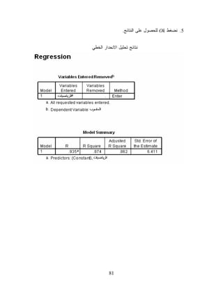‫5. ﻨﻀﻐﻁ ‪ Ok‬ﻟﻠﺤﺼﻭل ﻋﻠﻰ ﺍﻟﻨﺘﺎﺌﺞ.‬


‫ﻨﺘﺎﺌﺞ ﺘﺤﻠﻴل ﺍﻻﻨﺤﺩﺍﺭ ﺍﻟﺨﻁﻲ‬




         ‫18‬
 