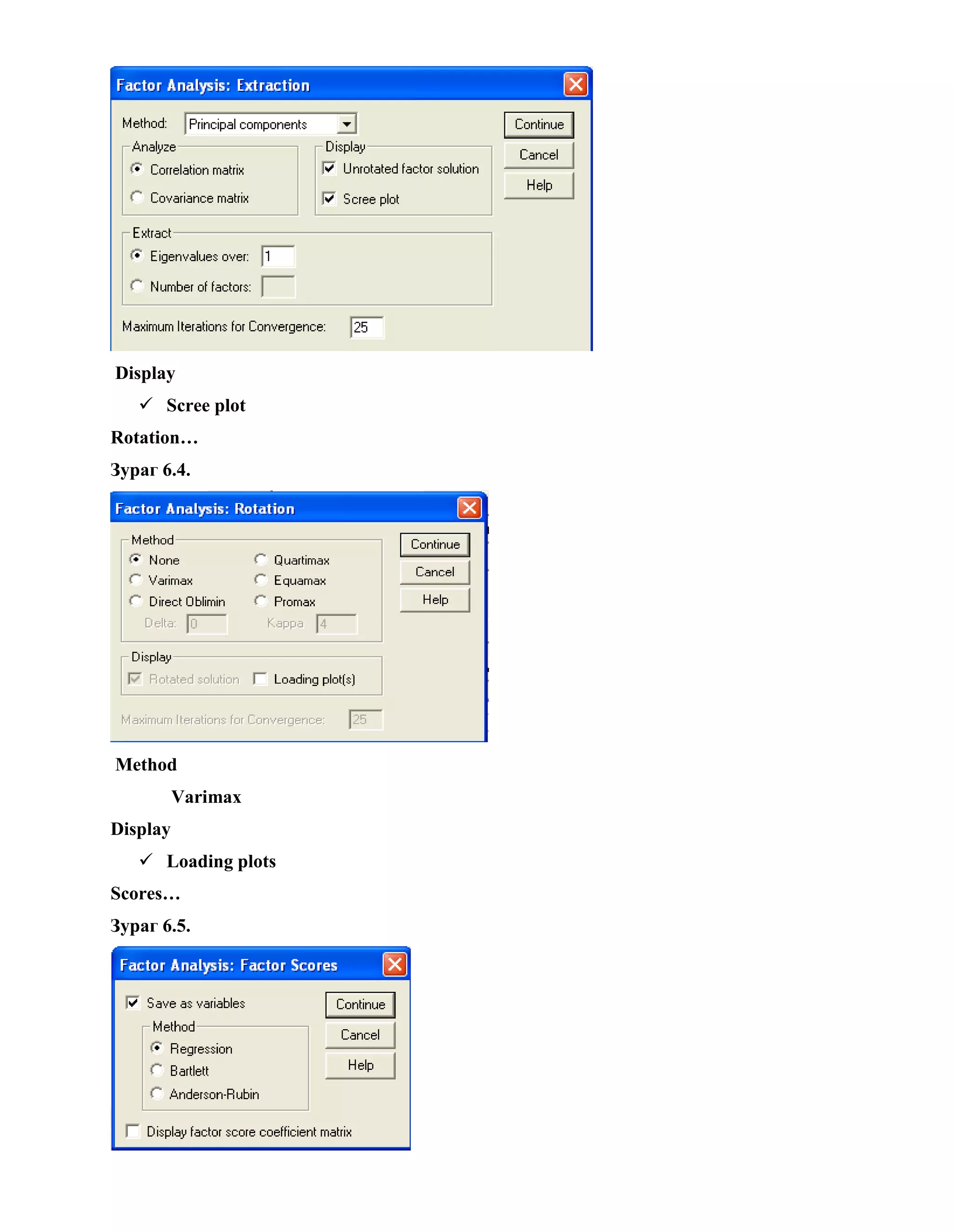 Display
 Scree plot
Rotation…
Зураг 6.4.
Method
Varimax
Display
 Loading plots
Scores…
Зураг 6.5.
 