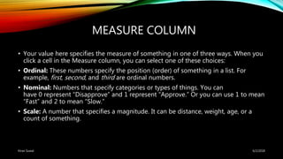 MEASURE COLUMN
• Your value here specifies the measure of something in one of three ways. When you
click a cell in the Measure column, you can select one of these choices:
• Ordinal: These numbers specify the position (order) of something in a list. For
example, first, second, and third are ordinal numbers.
• Nominal: Numbers that specify categories or types of things. You can
have 0 represent “Disapprove” and 1 represent “Approve.” Or you can use 1 to mean
“Fast” and 2 to mean “Slow.”
• Scale: A number that specifies a magnitude. It can be distance, weight, age, or a
count of something.
6/2/2018Kiran Suwal
 