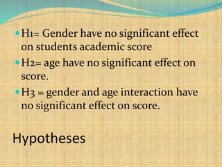 Hypotheses
H1= Gender have no significant effect
on students academic score
H2= age have no significant effect on
score.
H3 = gender and age interaction have
no significant effect on score.
 