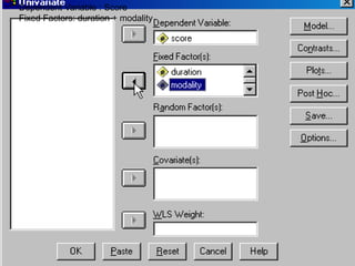Dependent Variable : Score
Fixed Factors: duration + modality
 