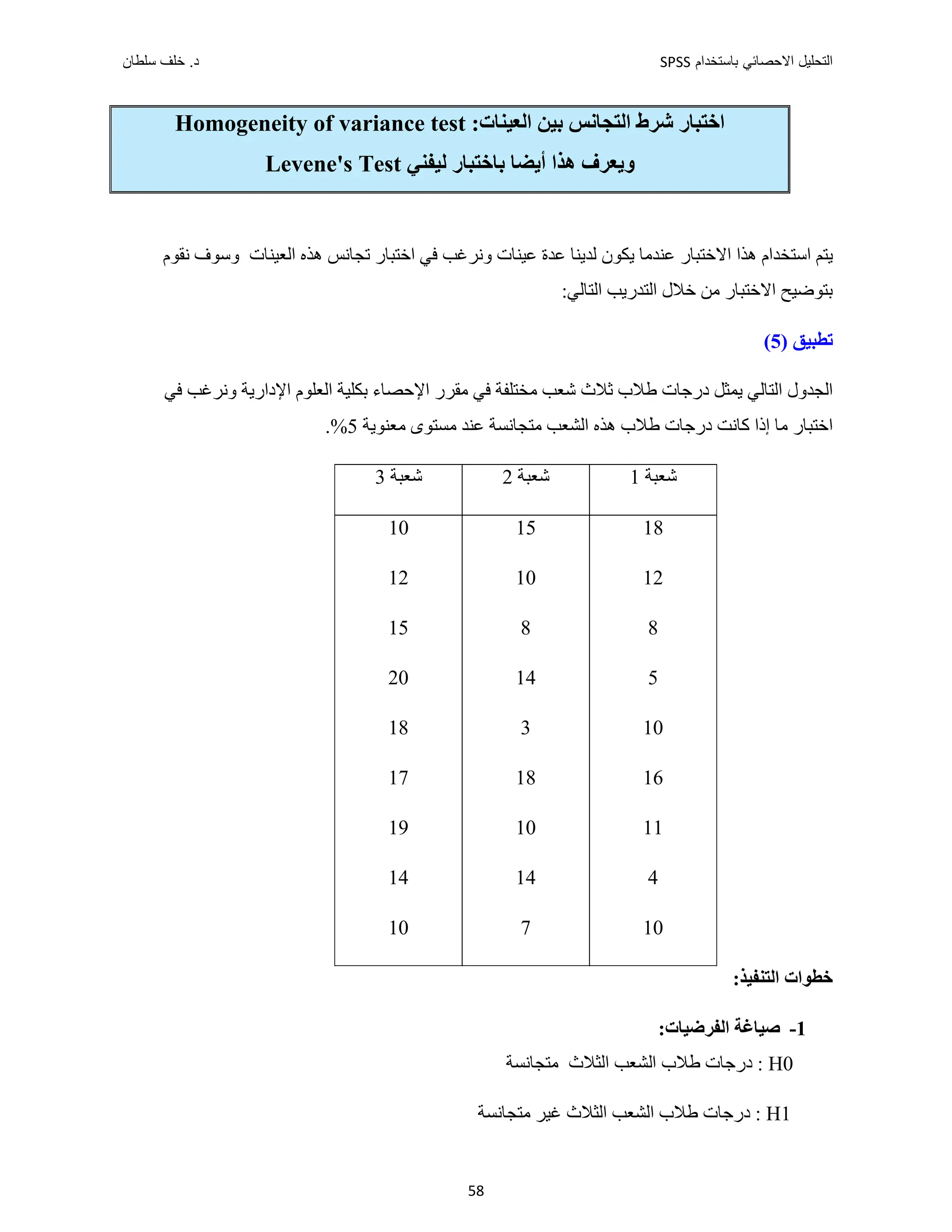 ‫ﺑﺎﺳﺗﺧﺩﺍﻡ‬ ‫ﺍﻻﺣﺻﺎﺋﻲ‬ ‫ﺍﻟﺗﺣﻠﻳﻝ‬
SPSS
‫ﺩ‬
‫ﺳﻠﻁﺎﻥ‬ ‫ﺧﻠﻑ‬ .
58
‫ﺑﻴﻦ‬ ‫ﺍﻟﺘﺠﺎﻧﺲ‬ ‫ﺷﺮﻁ‬ ‫ﺍﺧﺘﺒﺎﺭ‬
:‫ﺍﻟﻌﻴﻨﺎﺕ‬
Homogeneity of variance test
‫ﺑﺎﺧﺘﺒﺎﺭ‬ ‫ﺃﻳﻀﺎ‬ ‫ﻫﺬﺍ‬ ‫ﻭﻳﻌﺮﻑ‬
‫ﻟﻴﻔﻨﻲ‬
Levene's Test
‫ﻭﻧﺮ‬ ‫ﻋﻴﻨﺎﺕ‬ ‫ﻋﺪﺓ‬ ‫ﻟﺪﻳﻨﺎ‬ ‫ﻳﻜﻮﻥ‬ ‫ﻋﻨﺪﻣﺎ‬ ‫ﺍﻻﺧﺘﺒﺎﺭ‬ ‫ﻫﺬﺍ‬ ‫ﺍﺳﺘﺨﺪﺍﻡ‬ ‫ﻳﺘﻢ‬
‫ﺍﻟﻌﻴﻨﺎﺕ‬ ‫ﻫﺬﻩ‬ ‫ﺗﺠﺎﻧﺲ‬ ‫ﺍﺧﺘﺒﺎﺭ‬ ‫ﻓﻲ‬ ‫ﻏﺐ‬
‫ﻧﻘﻮﻡ‬ ‫ﻭﺳﻮﻑ‬
:‫ﺍﻟﺘﺎﻟﻲ‬ ‫ﺍﻟﺘﺪﺭﻳﺐ‬ ‫ﺧﻼﻝ‬ ‫ﻣﻦ‬ ‫ﺍﻻﺧﺘﺒﺎﺭ‬ ‫ﺑﺘﻮﺿﻴﺢ‬
) ‫ﺗﻄﺒﻴﻖ‬
5
(
‫ﻣﻘﺮ‬ ‫ﻓﻲ‬ ‫ﻣﺨﺘﻠﻔﺔ‬ ‫ﺷﻌﺐ‬ ‫ﺛﻼﺙ‬ ‫ﻁﻼﺏ‬ ‫ﺩﺭﺟﺎﺕ‬ ‫ﻳﻤﺜﻞ‬ ‫ﺍﻟﺘﺎﻟﻲ‬ ‫ﺍﻟﺠﺪﻭﻝ‬
‫ﺑﻜﻠﻴﺔ‬ ‫ﺍﻹﺣﺼﺎء‬ ‫ﺭ‬
‫ﺍﻹﺩﺍﺭﻳﺔ‬ ‫ﺍﻟﻌﻠﻮﻡ‬
‫ﻓﻲ‬ ‫ﻭﻧﺮﻏﺐ‬
‫ﻣﻌﻨﻮﻳﺔ‬ ‫ﻣﺴﺘﻮﻯ‬ ‫ﻋﻨﺪ‬ ‫ﻣﺘﺠﺎﻧﺴﺔ‬ ‫ﺍﻟﺸﻌﺐ‬ ‫ﻫﺬﻩ‬ ‫ﻁﻼﺏ‬ ‫ﺩﺭﺟﺎﺕ‬ ‫ﻛﺎﻧﺖ‬ ‫ﺇﺫﺍ‬ ‫ﻣﺎ‬ ‫ﺍﺧﺘﺒﺎﺭ‬
5
.%
‫ﺷﻌﺒﺔ‬
1
‫ﺷﻌﺒﺔ‬
2
‫ﺷﻌﺒﺔ‬
3
18
15
10
12
10
12
8
8
15
5
14
20
10
3
18
16
18
17
11
10
19
4
14
14
10
7
10
:‫ﺍﻟﺘﻨﻔﻴﺬ‬ ‫ﺧﻄﻮﺍﺕ‬
1
-
:‫ﺍﻟﻔﺮﺿﻴﺎﺕ‬ ‫ﺻﻴﺎﻏﺔ‬
H0
‫ﻣﺘﺠﺎﻧﺴﺔ‬ ‫ﺍﻟﺜﻼﺙ‬ ‫ﺍﻟﺸﻌﺐ‬ ‫ﻁﻼﺏ‬ ‫ﺩﺭﺟﺎﺕ‬ :
H1
‫ﻣﺘﺠﺎﻧﺴﺔ‬ ‫ﻏﻴﺮ‬ ‫ﺍﻟﺜﻼﺙ‬ ‫ﺍﻟﺸﻌﺐ‬ ‫ﻁﻼﺏ‬ ‫ﺩﺭﺟﺎﺕ‬ :
 