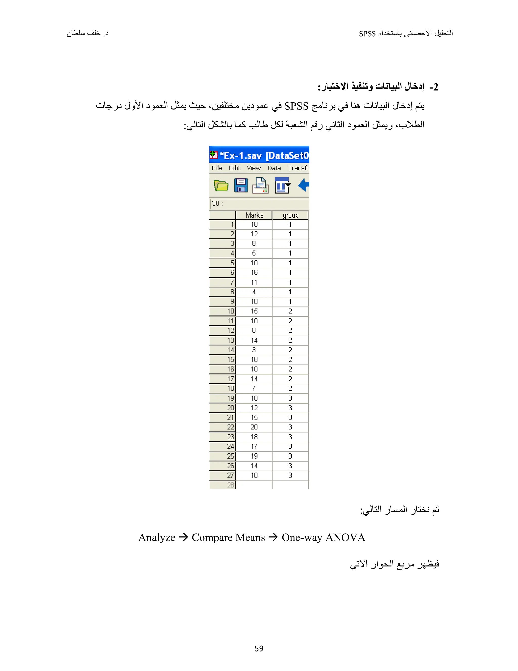 ‫ﺑﺎﺳﺗﺧﺩﺍﻡ‬ ‫ﺍﻻﺣﺻﺎﺋﻲ‬ ‫ﺍﻟﺗﺣﻠﻳﻝ‬
SPSS
‫ﺩ‬
‫ﺳﻠﻁﺎﻥ‬ ‫ﺧﻠﻑ‬ .
59
2
-
:‫ﺍﻻﺧﺘﺒﺎﺭ‬ ‫ﻭﺗﻨﻔﻴﺬ‬ ‫ﺍﻟﺒﻴﺎﻧﺎﺕ‬ ‫ﺇﺩﺧﺎﻝ‬
‫ﺑﺮﻧﺎﻣﺞ‬ ‫ﻓﻲ‬ ‫ﻫﻨﺎ‬ ‫ﺍﻟﺒﻴﺎﻧﺎﺕ‬ ‫ﺇﺩﺧﺎﻝ‬ ‫ﻳﺘﻢ‬
SPSS
‫ﺩﺭﺟﺎﺕ‬ ‫ﺍﻷﻭﻝ‬ ‫ﺍﻟﻌﻤﻮﺩ‬ ‫ﻳﻤﺜﻞ‬ ‫ﺣﻴﺚ‬ ،‫ﻣﺨﺘﻠﻔﻴﻦ‬ ‫ﻋﻤﻮﺩﻳﻦ‬ ‫ﻓﻲ‬
‫ﺑﺎ‬ ‫ﻛﻤﺎ‬ ‫ﻁﺎﻟﺐ‬ ‫ﻟﻜﻞ‬ ‫ﺍﻟﺸﻌﺒﺔ‬ ‫ﺭﻗﻢ‬ ‫ﺍﻟﺜﺎﻧﻲ‬ ‫ﺍﻟﻌﻤﻮﺩ‬ ‫ﻭﻳﻤﺜﻞ‬ ،‫ﺍﻟﻄﻼﺏ‬
:‫ﺍﻟﺘﺎﻟﻲ‬ ‫ﻟﺸﻜﻞ‬
:‫ﺍﻟﺘﺎﻟﻲ‬ ‫ﺍﻟﻤﺴﺎﺭ‬ ‫ﻧﺨﺘﺎﺭ‬ ‫ﺛﻢ‬
Analyze  Compare Means  One-way ANOVA
‫ﺍﻟﺤﻮﺍﺭ‬ ‫ﻣﺮﺑﻊ‬ ‫ﻓﻴﻈﻬﺮ‬
‫ﺍﻻﺗﻲ‬
 
