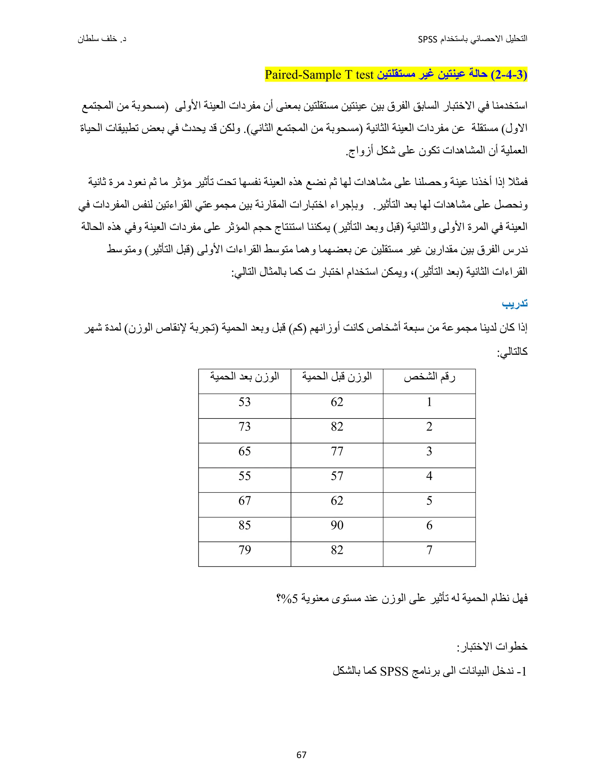 ‫ﺑﺎﺳﺗﺧﺩﺍﻡ‬ ‫ﺍﻻﺣﺻﺎﺋﻲ‬ ‫ﺍﻟﺗﺣﻠﻳﻝ‬
SPSS
‫ﺩ‬
‫ﺳﻠﻁﺎﻥ‬ ‫ﺧﻠﻑ‬ .
67
)
3
-
4
-
2
‫ﻏﻴﺮ‬ ‫ﻋﻴﻨﺘﻴﻦ‬ ‫ﺣﺎﻟﺔ‬ (
‫ﻣﺴﺘﻘﻠﺘﻴﻦ‬
Sample T test
-
Paired
‫ﻓﻲ‬ ‫ﺍﺳﺘﺨﺪﻣﻨﺎ‬
‫ﺍﻻﺧﺘﺒﺎﺭ‬
‫ﺍﻟﺴﺎﺑﻖ‬
‫ﻋﻴﻨﺘﻴﻦ‬ ‫ﺑﻴﻦ‬ ‫ﺍﻟﻔﺮﻕ‬
‫ﺑﻤﻌﻨ‬ ‫ﻣﺴﺘﻘﻠﺘﻴﻦ‬
‫ﻰ‬
‫ﺍﻷﻭﻟﻰ‬ ‫ﺍﻟﻌﻴﻨﺔ‬ ‫ﻣﻔﺮﺩﺍﺕ‬ ‫ﺃﻥ‬
‫ﺍﻟﻤﺠﺘﻤﻊ‬ ‫ﻣﻦ‬ ‫)ﻣﺴﺤﻮﺑﺔ‬
(‫ﺍﻻﻭﻝ‬
‫ﻣﺴﺘﻘﻠﺔ‬
‫ﺍﻟﺜﺎﻧﻴﺔ‬ ‫ﺍﻟﻌﻴﻨﺔ‬ ‫ﻣﻔﺮﺩﺍﺕ‬ ‫ﻋﻦ‬
(‫ﺍﻟﺜﺎﻧﻲ‬ ‫ﺍﻟﻤﺠﺘﻤﻊ‬ ‫ﻣﻦ‬ ‫)ﻣﺴﺤﻮﺑﺔ‬
‫ﻓﻲ‬ ‫ﻳﺤﺪﺙ‬ ‫ﻗﺪ‬ ‫ﻭﻟﻜﻦ‬ .
‫ﺗﻄﺒﻴﻘﺎﺕ‬ ‫ﺑﻌﺾ‬
‫ﺍﻟ‬
‫ﺤﻴﺎﺓ‬
.‫ﺃﺯﻭﺍﺝ‬ ‫ﺷﻜﻞ‬ ‫ﻋﻠﻰ‬ ‫ﺗﻜﻮﻥ‬ ‫ﺍﻟﻤﺸﺎﻫﺪﺍﺕ‬ ‫ﺃﻥ‬ ‫ﺍﻟﻌﻤﻠﻴﺔ‬
‫ﻣﺆﺛﺮ‬ ‫ﺗﺄﺛﻴﺮ‬ ‫ﺗﺤﺖ‬ ‫ﻧﻔﺴﻬﺎ‬ ‫ﺍﻟﻌﻴﻨﺔ‬ ‫ﻫﺬﻩ‬ ‫ﻧﻀﻊ‬ ‫ﺛﻢ‬ ‫ﻟﻬﺎ‬ ‫ﻣﺸﺎﻫﺪﺍﺕ‬ ‫ﻋﻠﻰ‬ ‫ﻭﺣﺼﻠﻨﺎ‬ ‫ﻋﻴﻨﺔ‬ ‫ﺃﺧﺬﻧﺎ‬ ‫ﺇﺫﺍ‬ ‫ﻓﻤﺜﻼ‬
‫ﻣﺎ‬
‫ﺛﺎﻧﻴﺔ‬ ‫ﻣﺮﺓ‬ ‫ﻧﻌﻮﺩ‬ ‫ﺛﻢ‬
‫ﻟﻬﺎ‬ ‫ﻣﺸﺎﻫﺪﺍﺕ‬ ‫ﻋﻠﻰ‬ ‫ﻭﻧﺤﺼﻞ‬
.‫ﺍﻟﺘﺄﺛﻴﺮ‬ ‫ﺑﻌﺪ‬
‫ﻓﻲ‬ ‫ﺍﻟﻤﻔﺮﺩﺍﺕ‬ ‫ﻟﻨﻔﺲ‬ ‫ﺍﻟﻘﺮﺍءﺗﻴﻦ‬ ‫ﻣﺠﻤﻮﻋﺘﻲ‬ ‫ﺑﻴﻦ‬ ‫ﺍﻟﻤﻘﺎﺭﻧﺔ‬ ‫ﺍﺧﺘﺒﺎﺭﺍﺕ‬ ‫ﻭﺑﺈﺟﺮﺍء‬
‫ﺍﻟﻌ‬
‫ﻭﺍﻟﺜﺎﻧﻴﺔ‬ ‫ﺍﻷﻭﻟﻰ‬ ‫ﺍﻟﻤﺮﺓ‬ ‫ﻓﻲ‬ ‫ﻴﻨﺔ‬
(‫ﺍﻟﺘﺄﺛﻴﺮ‬ ‫ﻭﺑﻌﺪ‬ ‫)ﻗﺒﻞ‬
‫ﺍﺳﺘﻨﺘﺎﺝ‬ ‫ﻳﻤﻜﻨﻨﺎ‬
‫ﺣﺠﻢ‬
‫ﺍﻟﺤﺎﻟﺔ‬ ‫ﻫﺬﻩ‬ ‫ﻭﻓﻲ‬ ‫ﺍﻟﻌﻴﻨﺔ‬ ‫ﻣﻔﺮﺩﺍﺕ‬ ‫ﻋﻠﻰ‬ ‫ﺍﻟﻤﺆﺛﺮ‬
‫ﻣﻘﺪﺍﺭﻳﻦ‬ ‫ﺑﻴﻦ‬ ‫ﺍﻟﻔﺮﻕ‬ ‫ﻧﺪﺭﺱ‬
‫ﻏﻴﺮ‬
‫ﺍﻷﻭﻟﻰ‬ ‫ﺍﻟﻘﺮﺍءﺍﺕ‬ ‫ﻣﺘﻮﺳﻂ‬ ‫ﻭﻫﻤﺎ‬ ‫ﺑﻌﻀﻬﻤﺎ‬ ‫ﻋﻦ‬ ‫ﻣﺴﺘﻘﻠﻴﻦ‬
(‫ﺍﻟﺘﺄﺛﻴﺮ‬ ‫)ﻗﺒﻞ‬
‫ﻭﻣﺘﻮﺳﻂ‬
‫ﺍﻟﺜﺎﻧﻴﺔ‬ ‫ﺍﻟﻘﺮﺍءﺍﺕ‬
(‫ﺍﻟﺘﺄﺛﻴﺮ‬ ‫)ﺑﻌﺪ‬
،
‫ﺍﺧﺘﺒﺎﺭ‬ ‫ﺍﺳﺘﺨﺪﺍﻡ‬ ‫ﻭﻳﻤﻜﻦ‬
‫ﺕ‬
‫ﻛ‬
‫ﻤﺎ‬
:‫ﺍﻟﺘﺎﻟﻲ‬ ‫ﺑﺎﻟﻤﺜﺎﻝ‬
‫ﺗﺪﺭﻳﺐ‬
‫ﺳﺒﻌﺔ‬ ‫ﻣﻦ‬ ‫ﻣﺠﻤﻮﻋﺔ‬ ‫ﻟﺪﻳﻨﺎ‬ ‫ﻛﺎﻥ‬ ‫ﺇﺫﺍ‬
‫ﻛﺎﻧﺖ‬ ‫ﺃﺷﺨﺎﺹ‬
‫ﺃﻭﺯﺍﻧﻬﻢ‬
(‫)ﻛﻢ‬
‫ﺍﻟﺤﻤﻴﺔ‬ ‫ﻭﺑﻌﺪ‬ ‫ﻗﺒﻞ‬
(‫ﺍﻟﻮﺯﻥ‬ ‫ﻹﻧﻘﺎﺹ‬ ‫)ﺗﺠﺮﺑﺔ‬
‫ﺷﻬﺮ‬ ‫ﻟﻤﺪﺓ‬
‫ﻛﺎﻟﺘﺎﻟﻲ‬
:
‫ﺍﻟﺸﺨﺺ‬ ‫ﺭﻗﻢ‬
‫ﺍﻟﺤﻤﻴﺔ‬ ‫ﻗﺒﻞ‬ ‫ﺍﻟﻮﺯﻥ‬
‫ﺍﻟﺤﻤﻴﺔ‬ ‫ﺑﻌﺪ‬ ‫ﺍﻟﻮﺯﻥ‬
1
62
53
2
82
73
3
77
65
4
57
55
5
62
67
6
90
85
7
82
79
‫ﺍﻟﺤﻤ‬ ‫ﻧﻈﺎﻡ‬ ‫ﻓﻬﻞ‬
‫ﻴﺔ‬
‫ﻋﻠﻰ‬ ‫ﺗﺄﺛﻴﺮ‬ ‫ﻟﻪ‬
‫ﻣﻌﻨ‬ ‫ﻣﺴﺘﻮﻯ‬ ‫ﻋﻨﺪ‬ ‫ﺍﻟﻮﺯﻥ‬
‫ﻮﻳﺔ‬
5
%
‫؟‬
:‫ﺍﻻﺧﺘﺒﺎﺭ‬ ‫ﺧﻄﻮﺍﺕ‬
1
-
‫ﺑﺮﻧﺎﻣﺞ‬ ‫ﺍﻟﻰ‬ ‫ﺍﻟﺒﻴﺎﻧﺎﺕ‬ ‫ﻧﺪﺧﻞ‬
SPSS
‫ﺑﺎﻟﺸﻜﻞ‬ ‫ﻛﻤﺎ‬
 