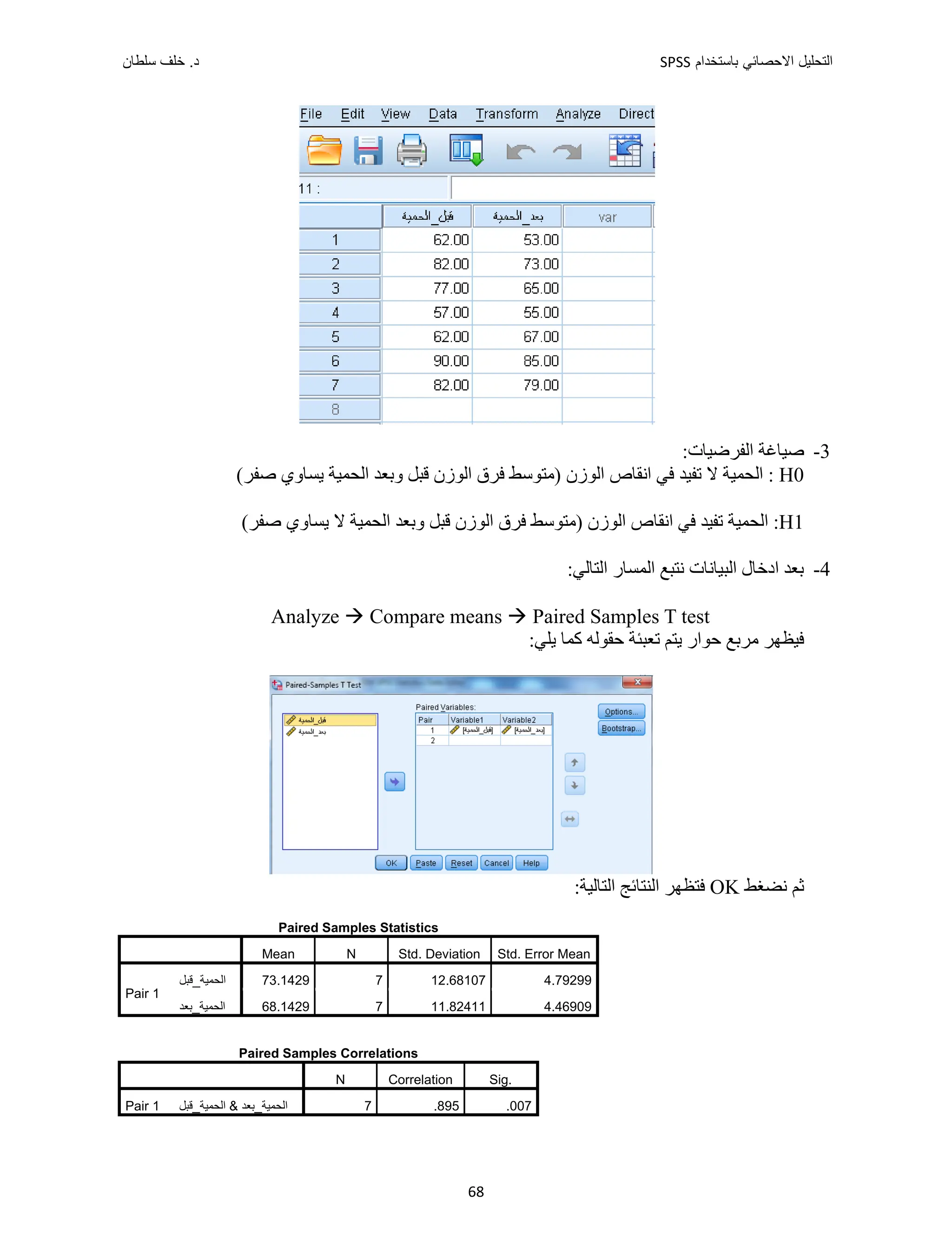 ‫ﺑﺎﺳﺗﺧﺩﺍﻡ‬ ‫ﺍﻻﺣﺻﺎﺋﻲ‬ ‫ﺍﻟﺗﺣﻠﻳﻝ‬
SPSS
‫ﺩ‬
‫ﺳﻠﻁﺎﻥ‬ ‫ﺧﻠﻑ‬ .
68
3
-
:‫ﺍﻟﻔﺮﺿﻴﺎﺕ‬ ‫ﺻﻴﺎﻏﺔ‬
H0
‫ﻻ‬ ‫ﺍﻟﺤﻤﻴﺔ‬ :
‫ﺍﻟﺤﻤﻴﺔ‬ ‫ﻭﺑﻌﺪ‬ ‫ﻗﺒﻞ‬ ‫ﺍﻟﻮﺯﻥ‬ ‫ﻓﺮﻕ‬ ‫)ﻣﺘﻮﺳﻂ‬ ‫ﺍﻟﻮﺯﻥ‬ ‫ﺍﻧﻘﺎﺹ‬ ‫ﻓﻲ‬ ‫ﺗﻔﻴﺪ‬
‫ﺻﻔﺮ‬ ‫ﻳﺴﺎﻭﻱ‬
(
H1
‫ﻭﺑ‬ ‫ﻗﺒﻞ‬ ‫ﺍﻟﻮﺯﻥ‬ ‫ﻓﺮﻕ‬ ‫)ﻣﺘﻮﺳﻂ‬ ‫ﺍﻟﻮﺯﻥ‬ ‫ﺍﻧﻘﺎﺹ‬ ‫ﻓﻲ‬ ‫ﺗﻔﻴﺪ‬ ‫ﺍﻟﺤﻤﻴﺔ‬ :
‫ﻻ‬ ‫ﺍﻟﺤﻤﻴﺔ‬ ‫ﻌﺪ‬
‫ﻳ‬
(‫ﺻﻔﺮ‬ ‫ﺴﺎﻭﻱ‬
4
-
:‫ﺍﻟﺘﺎﻟﻲ‬ ‫ﺍﻟﻤﺴﺎﺭ‬ ‫ﻧﺘﺒﻊ‬ ‫ﺍﻟﺒﻴﺎﻧﺎﺕ‬ ‫ﺍﺩﺧﺎﻝ‬ ‫ﺑﻌﺪ‬
Analyze  Compare means  Paired Samples T test
:‫ﻳﻠﻲ‬ ‫ﻛﻤﺎ‬ ‫ﺣﻘﻮﻟﻪ‬ ‫ﺗﻌﺒﺌﺔ‬ ‫ﻳﺘﻢ‬ ‫ﺣﻮﺍﺭ‬ ‫ﻣﺮﺑﻊ‬ ‫ﻓﻴﻈﻬﺮ‬
‫ﻧﻀﻐﻂ‬ ‫ﺛﻢ‬
OK
:‫ﺍﻟﺘﺎﻟﻴﺔ‬ ‫ﺍﻟﻨﺘﺎﺋﺞ‬ ‫ﻓﺘﻈﻬﺮ‬
Paired Samples Statistics
Mean N Std. Deviation Std. Error Mean
Pair 1
‫ﺍﻟﺣﻣﻳﺔ_ﻗﺑﻝ‬ 73.1429 7 12.68107 4.79299
‫ﺍﻟﺣﻣﻳﺔ_ﺑﻌﺩ‬ 68.1429 7 11.82411 4.46909
Paired Samples Correlations
N Correlation Sig.
Pair 1 ‫ﺍﻟﺣﻣﻳﺔ_ﻗﺑﻝ‬ & ‫ﺍﻟﺣﻣﻳﺔ_ﺑﻌﺩ‬ 7 .895 .007
 