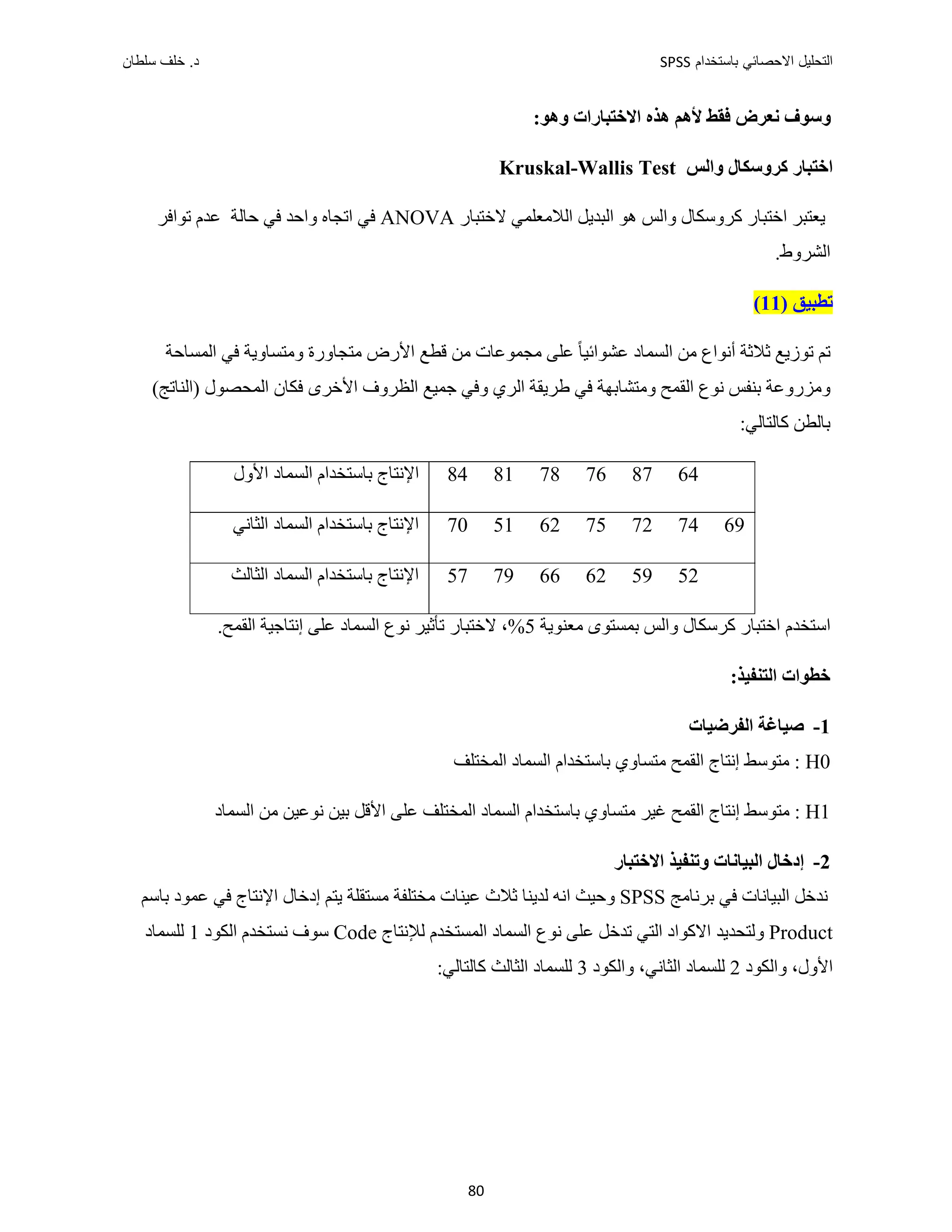 ‫ﺑﺎﺳﺗﺧﺩﺍﻡ‬ ‫ﺍﻻﺣﺻﺎﺋﻲ‬ ‫ﺍﻟﺗﺣﻠﻳﻝ‬
SPSS
‫ﺩ‬
‫ﺳﻠﻁﺎﻥ‬ ‫ﺧﻠﻑ‬ .
80
:‫ﻭﻫﻮ‬ ‫ﺍﻻﺧﺘﺒﺎﺭﺍﺕ‬ ‫ﻫﺬﻩ‬ ‫ﻷﻫﻢ‬ ‫ﻓﻘﻂ‬ ‫ﻧﻌﺮﺽ‬ ‫ﻭﺳﻮﻑ‬
‫ﻛﺮ‬ ‫ﺍﺧﺘﺒﺎﺭ‬
‫ﻭﺍﻟﺲ‬ ‫ﻭﺳﻜﺎﻝ‬
Kruskal-Wallis Test
‫ﻻﺧﺘﺒﺎﺭ‬ ‫ﺍﻟﻼﻣﻌﻠﻤﻲ‬ ‫ﺍﻟﺒﺪﻳﻞ‬ ‫ﻫﻮ‬ ‫ﻭﺍﻟﺲ‬ ‫ﻛﺮﻭﺳﻜﺎﻝ‬ ‫ﺍﺧﺘﺒﺎﺭ‬ ‫ﻳﻌﺘﺒﺮ‬
ANOVA
‫ﺗﻮﺍﻓﺮ‬ ‫ﻋﺪﻡ‬ ‫ﺣﺎﻟﺔ‬ ‫ﻓﻲ‬ ‫ﻭﺍﺣﺪ‬ ‫ﺍﺗﺠﺎﻩ‬ ‫ﻓﻲ‬
.‫ﺍﻟﺸﺮﻭﻁ‬
) ‫ﺗﻄﺒﻴﻖ‬
1
1
(
‫ﺍﻟﻤﺴ‬ ‫ﻓﻲ‬ ‫ﻭﻣﺘﺴﺎﻭﻳﺔ‬ ‫ﻣﺘﺠﺎﻭﺭﺓ‬ ‫ﺍﻷﺭﺽ‬ ‫ﻗﻄﻊ‬ ‫ﻣﻦ‬ ‫ﻣﺠﻤﻮﻋﺎﺕ‬ ‫ﻋﻠﻰ‬ ً‫ﺎ‬‫ﻋﺸﻮﺍﺋﻴ‬ ‫ﺍﻟﺴﻤﺎﺩ‬ ‫ﻣﻦ‬ ‫ﺃﻧﻮﺍﻉ‬ ‫ﺛﻼﺛﺔ‬ ‫ﺗﻮﺯﻳﻊ‬ ‫ﺗﻢ‬
‫ﺎﺣﺔ‬
‫ﻧ‬ ‫ﺑﻨﻔﺲ‬ ‫ﻭﻣﺰﺭﻭﻋﺔ‬
‫ﺍﻟﻘﻤﺢ‬ ‫ﻮﻉ‬
‫ﻁﺮ‬ ‫ﻓﻲ‬ ‫ﻭﻣﺘﺸﺎﺑﻬﺔ‬
‫ﺍﻷﺧﺮﻯ‬ ‫ﺍﻟﻈﺮﻭﻑ‬ ‫ﺟﻤﻴﻊ‬ ‫ﻭﻓﻲ‬ ‫ﺍﻟﺮﻱ‬ ‫ﻳﻘﺔ‬
(‫)ﺍﻟﻨﺎﺗﺞ‬ ‫ﺍﻟﻤﺤﺼﻮﻝ‬ ‫ﻓﻜﺎﻥ‬
:‫ﻛﺎﻟﺘﺎﻟﻲ‬ ‫ﺑﺎﻟﻄﻦ‬
64
87
76
78
81
84
‫ﺍﻷﻭﻝ‬ ‫ﺍﻟﺴﻤﺎﺩ‬ ‫ﺑﺎﺳﺘﺨﺪﺍﻡ‬ ‫ﺍﻹﻧﺘﺎﺝ‬
69
74
72
75
62
51
70
‫ﺍﻟﺜﺎﻧﻲ‬ ‫ﺍﻟﺴﻤﺎﺩ‬ ‫ﺑﺎﺳﺘﺨﺪﺍﻡ‬ ‫ﺍﻹﻧﺘﺎﺝ‬
52
59
62
66
79
57
‫ﺍﻟﺜﺎﻟﺚ‬ ‫ﺍﻟﺴﻤﺎﺩ‬ ‫ﺑﺎﺳﺘﺨﺪﺍﻡ‬ ‫ﺍﻹﻧﺘﺎﺝ‬
‫ﺍﺳﺘﺨﺪﻡ‬
‫ﻣﻌﻨﻮﻳﺔ‬ ‫ﺑﻤﺴﺘﻮﻯ‬ ‫ﻭﺍﻟﺲ‬ ‫ﻛﺮﺳﻜﺎﻝ‬ ‫ﺍﺧﺘﺒﺎﺭ‬
5
.‫ﺍﻟﻘﻤﺢ‬ ‫ﺇﻧﺘﺎﺟﻴﺔ‬ ‫ﻋﻠﻰ‬ ‫ﺍﻟﺴﻤﺎﺩ‬ ‫ﻧﻮﻉ‬ ‫ﺗﺄﺛﻴﺮ‬ ‫ﻻﺧﺘﺒﺎﺭ‬ ،%
:‫ﺍﻟﺘﻨﻔﻴﺬ‬ ‫ﺧﻄﻮﺍﺕ‬
1
-
‫ﺍﻟﻔﺮﺿﻴﺎﺕ‬ ‫ﺻﻴﺎﻏﺔ‬
H0
‫ﺍﻟﻤﺨﺘﻠﻒ‬ ‫ﺍﻟﺴﻤﺎﺩ‬ ‫ﺑﺎﺳﺘﺨﺪﺍﻡ‬ ‫ﻣﺘﺴﺎﻭﻱ‬ ‫ﺍﻟﻘﻤﺢ‬ ‫ﺇﻧﺘﺎﺝ‬ ‫ﻣﺘﻮﺳﻂ‬ :
H1
‫ﺍﻟﺴﻤﺎﺩ‬ ‫ﻣﻦ‬ ‫ﻧﻮﻋﻴﻦ‬ ‫ﺑﻴﻦ‬ ‫ﺍﻷﻗﻞ‬ ‫ﻋﻠﻰ‬ ‫ﺍﻟﻤﺨﺘﻠﻒ‬ ‫ﺍﻟﺴﻤﺎﺩ‬ ‫ﺑﺎﺳﺘﺨﺪﺍﻡ‬ ‫ﻣﺘﺴﺎﻭﻱ‬ ‫ﻏﻴﺮ‬ ‫ﺍﻟﻘﻤﺢ‬ ‫ﺇﻧﺘﺎﺝ‬ ‫ﻣﺘﻮﺳﻂ‬ :
2
-
‫ﺇﺩ‬
‫ﺍﻻﺧﺘﺒﺎﺭ‬ ‫ﻭﺗﻨﻔﻴﺬ‬ ‫ﺍﻟﺒﻴﺎﻧﺎﺕ‬ ‫ﺧﺎﻝ‬
‫ﺑﺮﻧﺎﻣﺞ‬ ‫ﻓﻲ‬ ‫ﺍﻟﺒﻴﺎﻧﺎﺕ‬ ‫ﻧﺪﺧﻞ‬
SPSS
‫ﺑﺎﺳﻢ‬ ‫ﻋﻤﻮﺩ‬ ‫ﻓﻲ‬ ‫ﺍﻹﻧﺘﺎﺝ‬ ‫ﺇﺩﺧﺎﻝ‬ ‫ﻳﺘﻢ‬ ‫ﻣﺴﺘﻘﻠﺔ‬ ‫ﻣﺨﺘﻠﻔﺔ‬ ‫ﻋﻴﻨﺎﺕ‬ ‫ﺛﻼﺙ‬ ‫ﻟﺪﻳﻨﺎ‬ ‫ﺍﻧﻪ‬ ‫ﻭﺣﻴﺚ‬
Product
‫ﻭﻟﺘﺤﺪﻳﺪ‬
‫ﻟﻺﻧﺘﺎﺝ‬ ‫ﺍﻟﻤﺴﺘﺨﺪﻡ‬ ‫ﺍﻟﺴﻤﺎﺩ‬ ‫ﻧﻮﻉ‬ ‫ﻋﻠﻰ‬ ‫ﺗﺪﺧﻞ‬ ‫ﺍﻟﺘﻲ‬ ‫ﺍﻻﻛﻮﺍﺩ‬
Code
‫ﺍﻟﻜﻮﺩ‬ ‫ﻧﺴﺘﺨﺪﻡ‬ ‫ﺳﻮﻑ‬
1
‫ﻟﻠﺴﻤﺎﺩ‬
‫ﻭﺍﻟﻜﻮﺩ‬ ،‫ﺍﻷﻭﻝ‬
2
‫ﺍﻟﺜﺎﻧ‬ ‫ﻟﻠﺴﻤﺎﺩ‬
‫ﻭﺍﻟﻜﻮﺩ‬ ،‫ﻲ‬
3
:‫ﻛﺎﻟﺘﺎﻟﻲ‬ ‫ﺍﻟﺜﺎﻟﺚ‬ ‫ﻟﻠﺴﻤﺎﺩ‬
 
