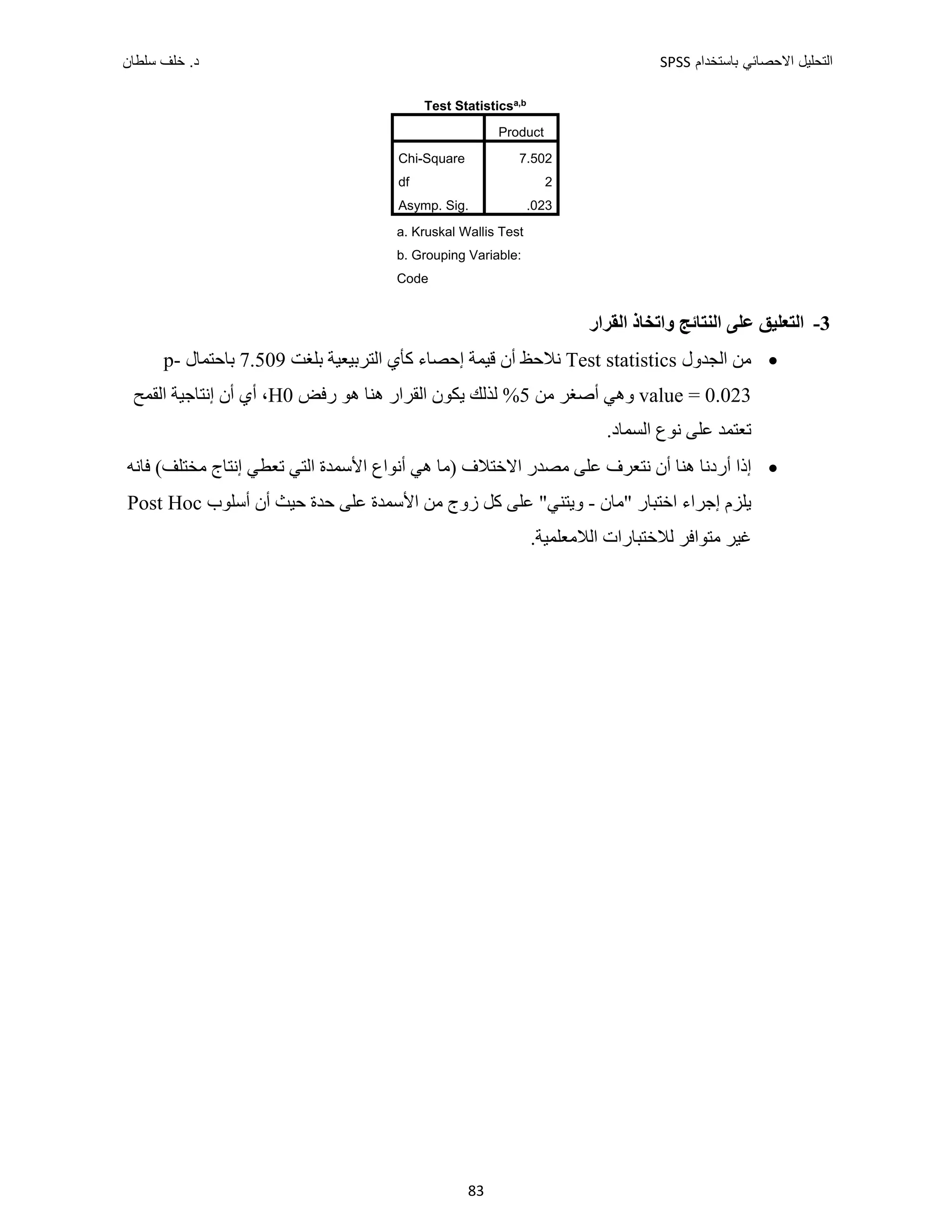 ‫ﺑﺎﺳﺗﺧﺩﺍﻡ‬ ‫ﺍﻻﺣﺻﺎﺋﻲ‬ ‫ﺍﻟﺗﺣﻠﻳﻝ‬
SPSS
‫ﺩ‬
‫ﺳﻠﻁﺎﻥ‬ ‫ﺧﻠﻑ‬ .
83
3
-
‫ﺍﻟﻘﺮﺍﺭ‬ ‫ﻭﺍﺗﺨﺎﺫ‬ ‫ﺍﻟﻨﺘﺎﺋﺞ‬ ‫ﻋﻠﻰ‬ ‫ﺍﻟﺘﻌﻠﻴﻖ‬

‫ﺍﻟﺠﺪﻭﻝ‬ ‫ﻣﻦ‬
Test statistics
‫ﺇﺣﺼﺎء‬ ‫ﻗﻴﻤﺔ‬ ‫ﺃﻥ‬ ‫ﻧﻼﺣﻆ‬
‫ﻛﺄﻱ‬
‫ﺑﻠﻐﺖ‬ ‫ﺍﻟﺘﺮﺑﻴﻌﻴﺔ‬
7.509
‫ﺑﺎﺣﺘﻤﺎﻝ‬
p-
value = 0.023
‫ﻭﻫﻲ‬
‫ﺃﺻﻐﺮ‬
‫ﻣﻦ‬
5
‫ﺭﻓﺾ‬ ‫ﻫﻮ‬ ‫ﻫﻨﺎ‬ ‫ﺍﻟﻘﺮﺍﺭ‬ ‫ﻳﻜﻮﻥ‬ ‫ﻟﺬﻟﻚ‬ %
H0
‫ﺍﻟﻘﻤﺢ‬ ‫ﺇﻧﺘﺎﺟﻴﺔ‬ ‫ﺃﻥ‬ ‫ﺃﻱ‬ ،
.‫ﺍﻟﺴﻤﺎﺩ‬ ‫ﻧﻮﻉ‬ ‫ﻋﻠﻰ‬ ‫ﺗﻌﺘﻤﺪ‬

‫ﻓﺎﻧﻪ‬ (‫ﻣﺨﺘﻠﻒ‬ ‫ﺇﻧﺘﺎﺝ‬ ‫ﺗﻌﻄﻲ‬ ‫ﺍﻟﺘﻲ‬ ‫ﺍﻷﺳﻤﺪﺓ‬ ‫ﺃﻧﻮﺍﻉ‬ ‫ﻫﻲ‬ ‫)ﻣﺎ‬ ‫ﺍﻻﺧﺘﻼﻑ‬ ‫ﻣﺼﺪﺭ‬ ‫ﻋﻠﻰ‬ ‫ﻧﺘﻌﺮﻑ‬ ‫ﺃﻥ‬ ‫ﻫﻨﺎ‬ ‫ﺃﺭﺩﻧﺎ‬ ‫ﺇﺫﺍ‬
‫"ﻣﺎﻥ‬ ‫ﺍﺧﺘﺒﺎﺭ‬ ‫ﺇﺟﺮﺍء‬ ‫ﻳﻠﺰﻡ‬
-
‫ﺍﻷﺳ‬ ‫ﻣﻦ‬ ‫ﺯﻭﺝ‬ ‫ﻛﻞ‬ ‫ﻋﻠﻰ‬ "‫ﻭﻳﺘﻨﻲ‬
‫ﺃﺳﻠﻮﺏ‬ ‫ﺃﻥ‬ ‫ﺣﻴﺚ‬ ‫ﺣﺪﺓ‬ ‫ﻋﻠﻰ‬ ‫ﻤﺪﺓ‬
Post Hoc
.‫ﺍﻟﻼﻣﻌﻠﻤﻴﺔ‬ ‫ﻟﻼﺧﺘﺒﺎﺭﺍﺕ‬ ‫ﻣﺘﻮﺍﻓﺮ‬ ‫ﻏﻴﺮ‬
Test Statisticsa,b
Product
Chi-Square 7.502
df 2
Asymp. Sig. .023
a. Kruskal Wallis Test
b. Grouping Variable:
Code
 