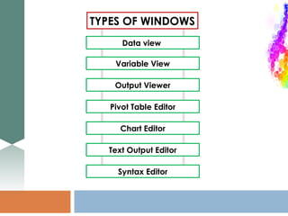 TYPES OF WINDOWS
Data view
Variable View
Output Viewer
Pivot Table Editor
Chart Editor
Text Output Editor
Syntax Editor
 