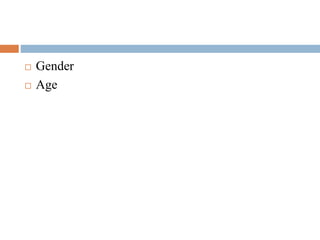  Gender
 Age
 
