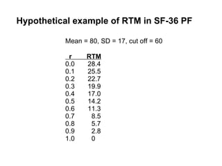 Hypothetical example of RTM in SF-36 PF

          Mean = 80, SD = 17, cut off = 60

           r     RTM
          0.0    28.4
          0.1    25.5
          0.2    22.7
          0.3    19.9
          0.4    17.0
          0.5    14.2
          0.6    11.3
          0.7     8.5
          0.8     5.7
          0.9     2.8
          1.0     0
 