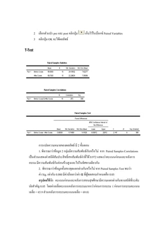 2 เลือกตัวแปร pre และ post คลิกปุ่ม เก็บไว้ในบ๊อกซ์ Paired Variables
3 คลิกปุ่ม OK จะได้ผลลัพธ์
การแปลความหมายของผลลัพธ์ มี 2 ขั้นตอน
1. พิจารณาว่าข้อมูล 2 กลุ่มมีความสัมพันธ์กันหรือไม่ จาก Paired Samples Correlations
เป็นส่วนแสดงค่าสถิติสัมประสิทธิ์สหสัมพันธ์ค่าที่ได้0.972 แสดงว่าคะแนนก่อนและหลังการ
อบรม มีความสัมพันธ์กันค่อนข้างสูงและไปในทิศทางเดียวกัน
2. พิจารณาว่าข้อมูลทั้งสองชุดแตกต่างกันหรือไม่ จาก Paired Samples Test พบว่า
ค่า Sig. เท่ากับ 0.000 มีค่าน้อยกว่าค่า α ที่ผู้ทดสอบกาหนดคือ 0.05
สรุปผลได้ว่า คะแนนก่อนและหลังการสอนสุขศึกษามีความแตกต่างกันทางสถิติที่ระดับ
นัยสาคัญ 0.05 โดยค่าเฉลี่ยคะแนนหลังการอบรมมากกว่าก่อนการอบรม ( ก่อนการอบรมคะแนน
เฉลี่ย = 65.9 ส่วนหลังการอบรมคะแนนเฉลี่ย = 69.8)
 