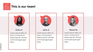 SLIDESMANIA.COM
This is our team!
Erika V. John S. Marie M.
Lorem ipsum dolor sit
amet, consectetuer
adipiscing elit. Aenean
commodo ligula eget
dolor.
Lorem ipsum dolor sit
amet, consectetuer
adipiscing elit. Aenean
commodo ligula eget
dolor.
Lorem ipsum dolor sit
amet, consectetuer
adipiscing elit. Aenean
commodo ligula eget
dolor.
 