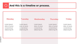 SLIDESMANIA.COM
And this is a timeline or process.
Monday
Lorem ipsum
dolor sit amet,
consectetuer
adipiscing elit.
Tuesday
Lorem ipsum
dolor sit amet,
consectetuer
adipiscing elit.
Wednesday
Lorem ipsum
dolor sit amet,
consectetuer
adipiscing elit.
Thursday Friday
Lorem ipsum
dolor sit amet,
consectetuer
adipiscing elit.
Lorem ipsum
dolor sit amet,
consectetuer
adipiscing elit.
 