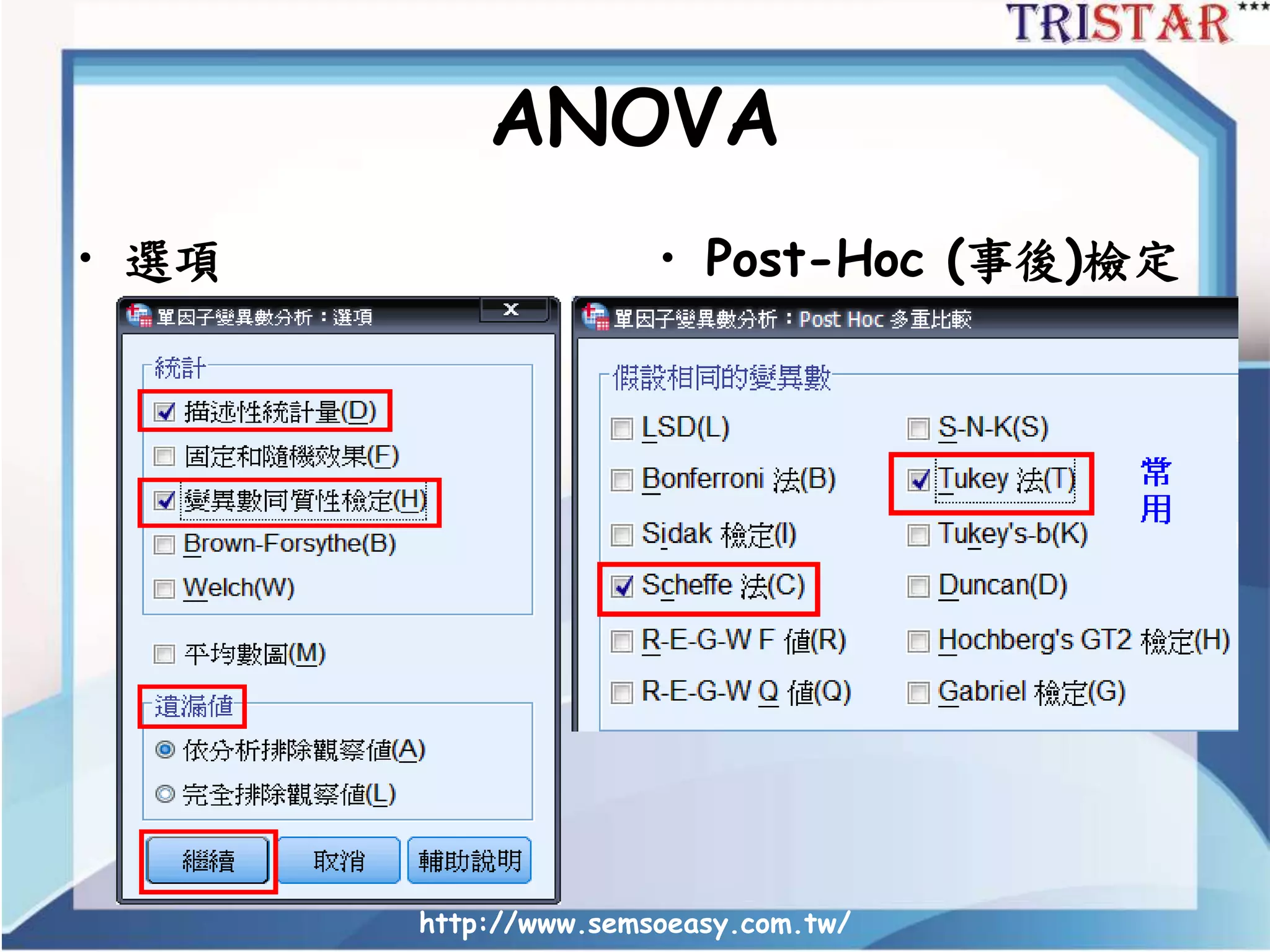http://www.semsoeasy.com.tw/
ANOVA
• 選項 • Post-Hoc (事後)檢定
 