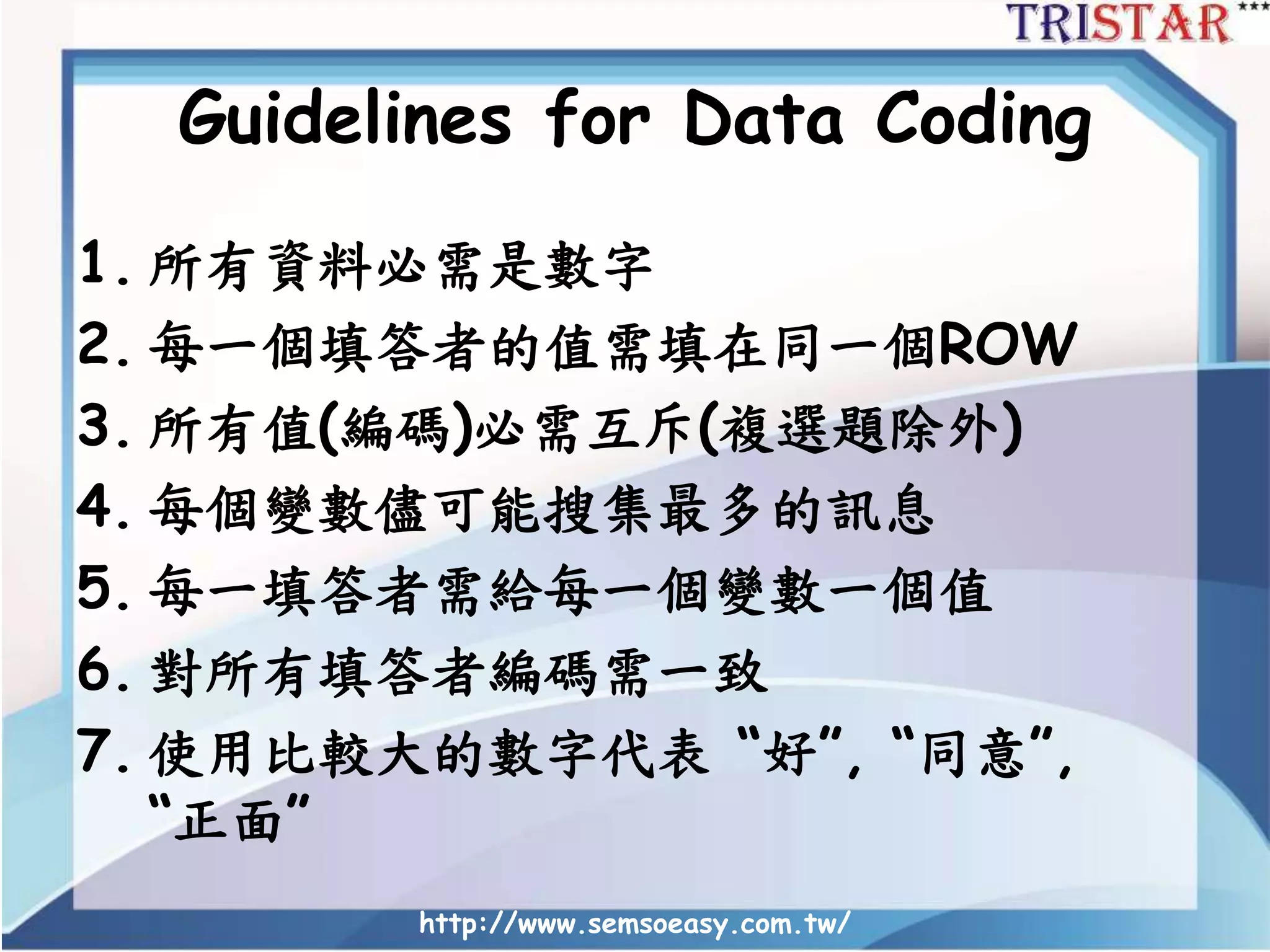 Guidelines for Data Coding
1. 所有資料必需是數字
2. 每一個填答者的值需填在同一個ROW
3. 所有值(編碼)必需互斥(複選題除外)
4. 每個變數儘可能搜集最多的訊息
5. 每一填答者需給每一個變數一個值
6. 對所有填答者編碼需一致
7. 使用比較大的數字代表 “好”, “同意”,
“正面”
http://www.semsoeasy.com.tw/
 