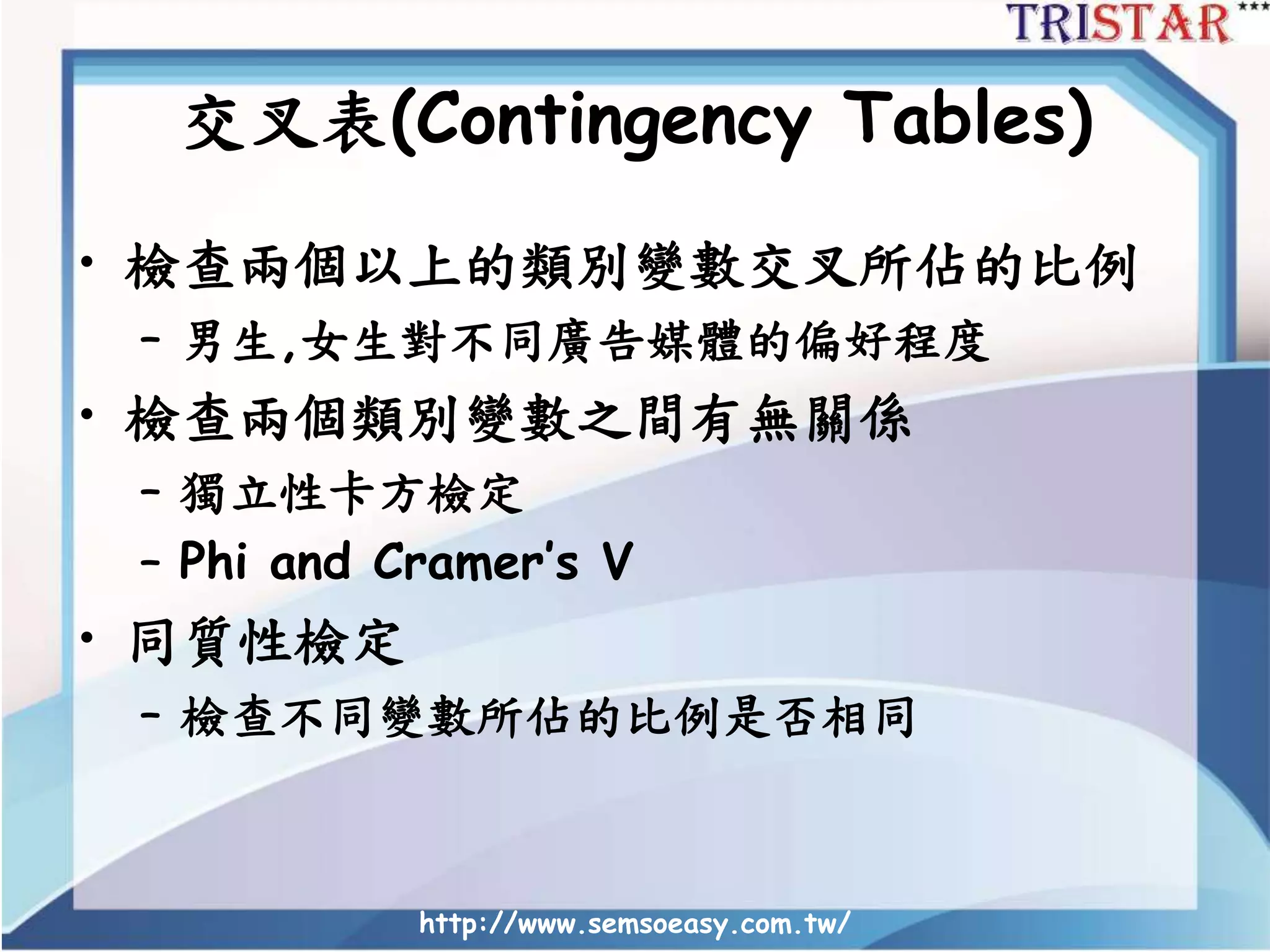 交叉表(Contingency Tables)
• 檢查兩個以上的類別變數交叉所佔的比例
– 男生,女生對不同廣告媒體的偏好程度
• 檢查兩個類別變數之間有無關係
– 獨立性卡方檢定
– Phi and Cramer’s V
• 同質性檢定
– 檢查不同變數所佔的比例是否相同
http://www.semsoeasy.com.tw/
 
