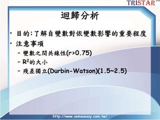 迴歸分析
• 目的:了解自變數對依變數影響的重要程度
• 注意事項
– 變數之間共線性(r>0.75)
– R2的大小
– 殘差獨立(Durbin-Watson)(1.5~2.5)
http://www.semsoeasy.com.tw/
 