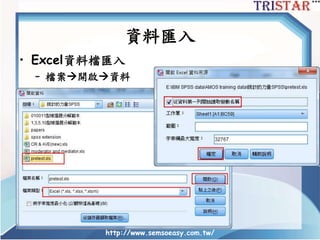 http://www.semsoeasy.com.tw/
資料匯入
• Excel資料檔匯入
– 檔案開啟資料
 