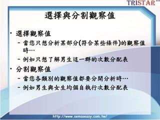 http://www.semsoeasy.com.tw/
選擇與分割觀察值
• 選擇觀察值
– 當您只想分析某部分(符合某些條件)的觀察值
時…
– 例如只想了解男生這一群的次數分配表
• 分割觀察值
– 當您各類別的觀察值都要分開分析時…
– 例如男生與女生均個自執行次數分配表
 