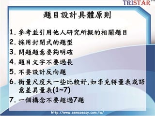 題目設計具體原則
1. 參考並引用他人研究所擬的相關題目
2. 採用封閉式的題型
3. 問題題意要夠明確
4. 題目文字不要過長
5. 不要設計反向題
6. 衡量尺度大一些比較好,如李克特量表或語
意差異量表(1~7)
7. 一個構念不要超過7題
http://www.semsoeasy.com.tw/
 