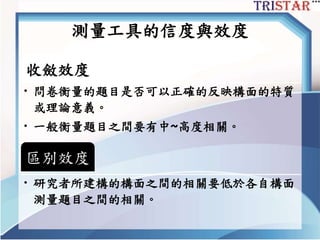 測量工具的信度與效度
收斂效度
• 問卷衡量的題目是否可以正確的反映構面的特質
或理論意義。
• 一般衡量題目之間要有中~高度相關。
區別效度
• 研究者所建構的構面之間的相關要低於各自構面
測量題目之間的相關。
 