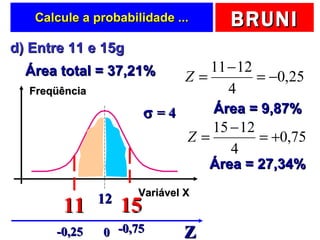 Calcule a probabilidade ... d) Entre 11 e 15g  11 Z -0,25 0 15 -0,75 Área = 9,87%   Área = 27,34%   Área total = 37,21%   Freqüência Variável X 12    = 4 