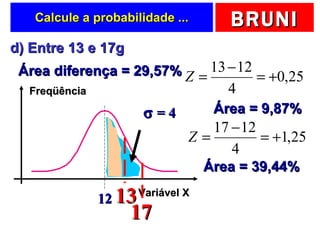Calcule a probabilidade ... d) Entre 13 e 17g  13 17 Área = 9,87%   Área = 39,44%   Área diferença = 29,57%   Freqüência Variável X 12    = 4 