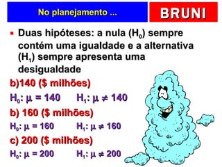 No planejamento ... Duas hipóteses: a nula (H 0 ) sempre contém uma igualdade e a alternativa (H 1 ) sempre apresenta uma desigualdade 140 ($ milhões) H 0 :    = 140 H 1 :       140 b) 160 ($ milhões) H 0 :    = 160 H 1 :       160 c) 200 ($ milhões) H 0 :    = 200 H 1 :       200 