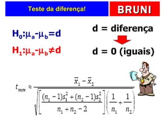 Teste da diferença! H 0 :  a -  b =d H 1 :  a -  b ≠d d = diferença d = 0 (iguais) 