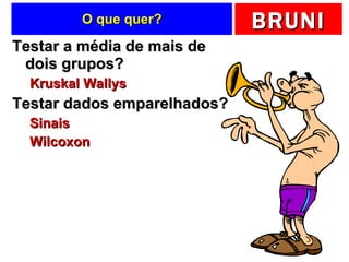 O que quer? Testar a média de mais de dois grupos? Kruskal Wallys Testar dados emparelhados? Sinais Wilcoxon 