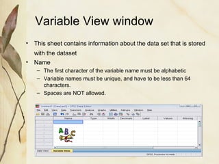 Variable View window 
• This sheet contains information about the data set that is stored 
with the dataset 
• Name 
– The first character of the variable name must be alphabetic 
– Variable names must be unique, and have to be less than 64 
characters. 
– Spaces are NOT allowed. 
 