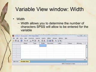 Variable View window: Width 
• Width 
– Width allows you to determine the number of 
characters SPSS will allow to be entered for the 
variable 
 