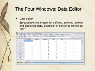 The Four Windows: Data Editor 
• Data Editor 
Spreadsheet-like system for defining, entering, editing, 
and displaying data. Extension of the saved file will be 
“sav.” 
 